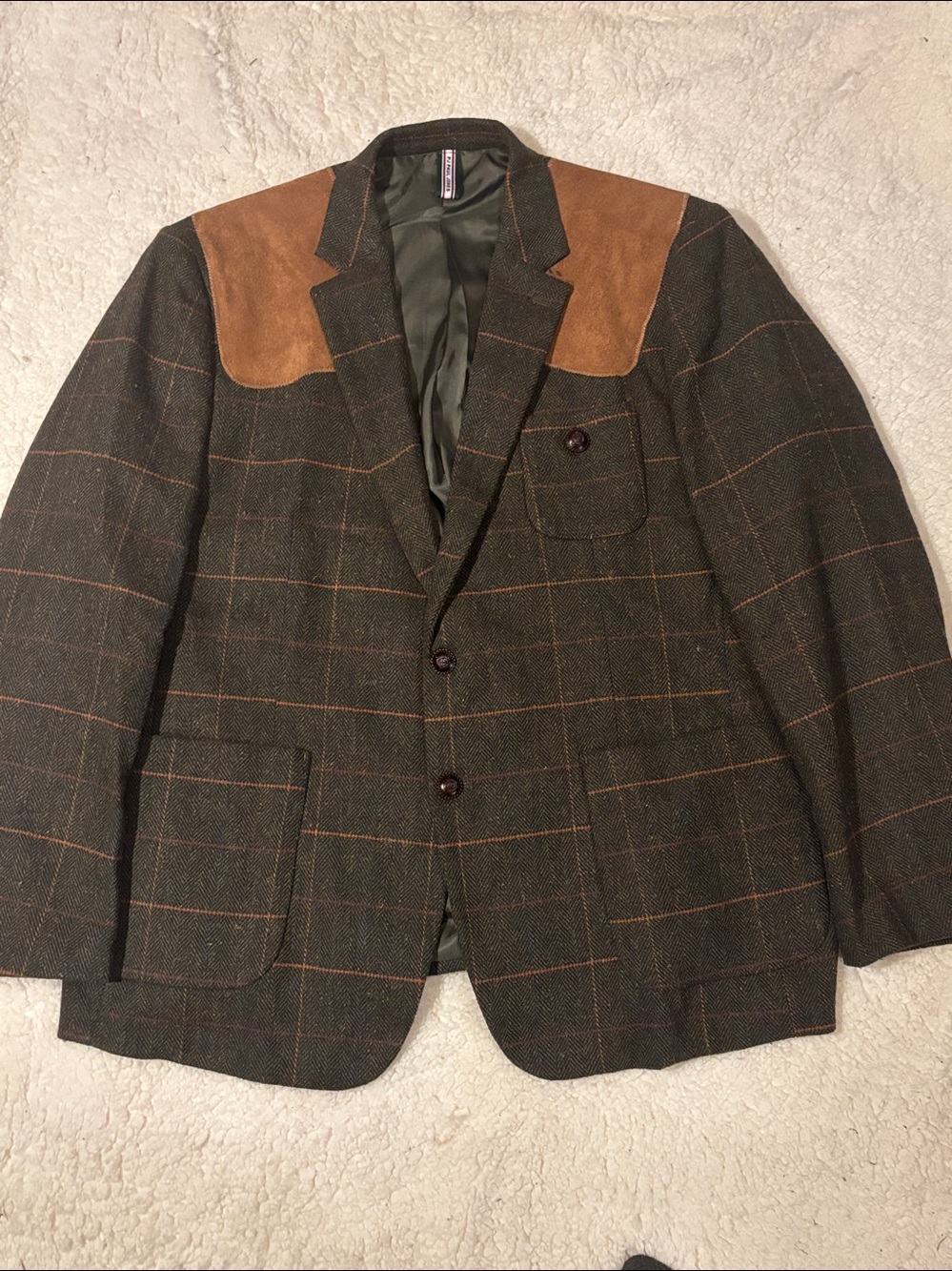 PJ Paul Jones Brown & Dark Green Windowpane Wool Blazer with Suede Yoke 2XL